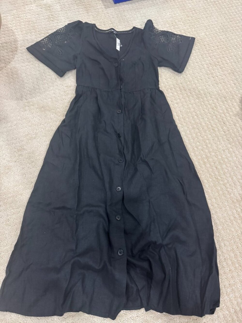 Madewell Black Linen Eyelet Sleeve Button-Front Midi Dress NWT